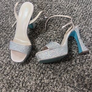 Betsey Johnson Rhinestone Heels with Cream and Blue Accents